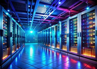 Fototapeta premium Panoramic View of Modern Server Room Hosting Website Images