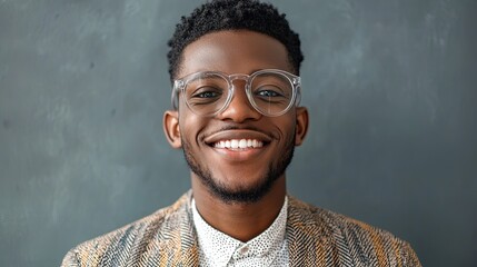 Smart businessman smiling at camera, wearing trendy transparent glasses