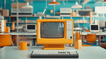 Retro-inspired workspace with vintage orange computer