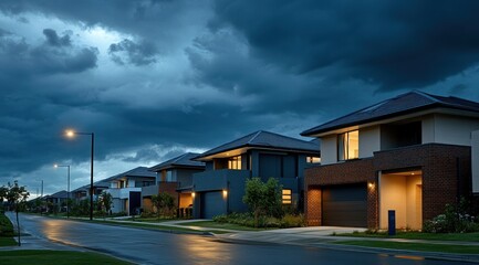 Serene Suburban Street at Dusk: Modern Homes Under a Dramatic Sky