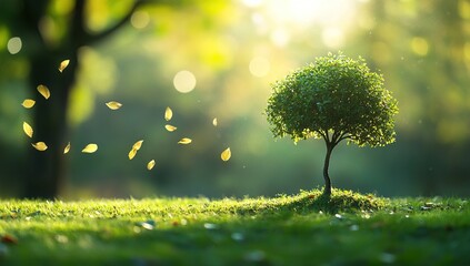 Small Tree Grows, Leaves Fall Gently in Sunny Meadow, Nature's Tranquil Beauty