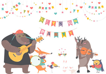 Cute animal music band. Cartoon animals playing on musical instruments. Vector illustration