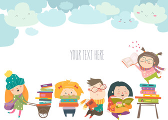 Group of cartoon children reading books. Vector illustration