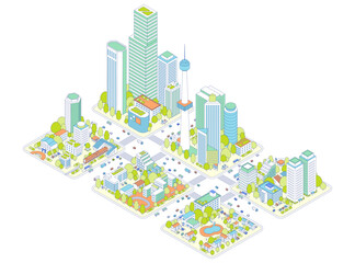 アイソメトリックの都市と住宅地のイラスト。電車が停まる駅と街。高層ビルと道路を行き交う車やバス、トラック。体育館や運動場のある学校と公園。