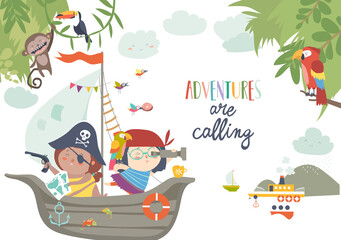 Cute pirates sailing in their ship. Vector illustration