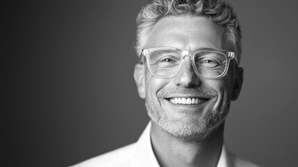 Smart businessman smiling at camera, wearing trendy transparent glasses