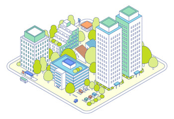 アイソメトリックの街のイラスト。アパートとタワーマンションが建つ住宅地。駐車場が隣接する建物。
