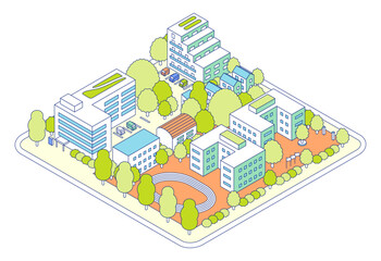 アイソメトリックの街のイラスト。体育館や陸上競技場のある学校と公園。病院や会社、アパートなどの住宅が立ち並ぶ緑化された街並み。