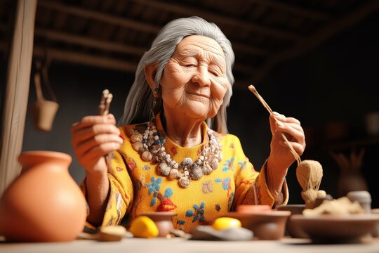 Elderly Woman Engaged in Traditional Crafting Activity