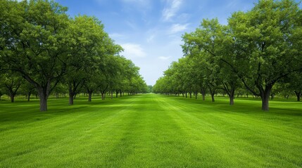 Naklejka premium Lush green orchard with symmetrical rows of trees under a clear blue sky, serene landscape
