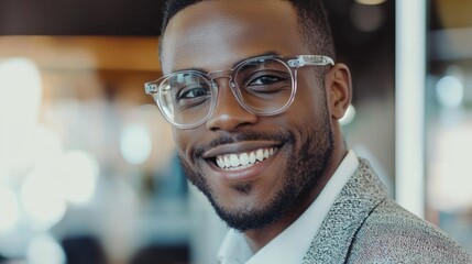 Fototapeta premium Smart businessman smiling at camera, wearing trendy transparent glasses