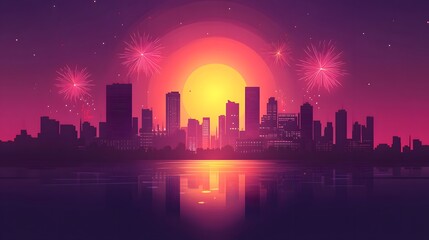 City skyline silhouette during sunset with skyscrapers and urban landmarks in a vibrant sky background