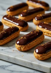 Decadent chocolate eclairs on marble surface
