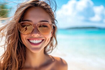 Fototapeta premium Slim young woman smiling brightly on a tropical beach, sun-kissed skin, close-up of her face with sunglasses and ocean breeze, capturing joy and relaxation, natural sunlight, photo