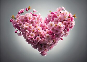 Obraz premium Pink Cherry Blossom Heart Silhouette: Romantic Floral Design on Plain Background