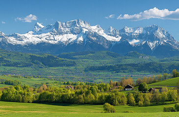 Beautiful green mountains with snow-capped peaks in the background. Landscape of highland valley and alpine meadow on a sunny day. Vast nature scene of the French Alps