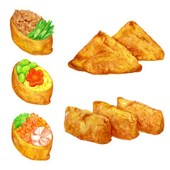 手描き水彩の美味しそうないなり寿司のセットイラスト, Hand-painted Inari Sushi Set Illustration