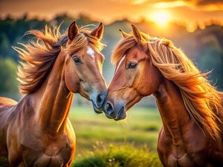 Obraz premium Playful Horses: Two Brown Horses Frolicking in a Field