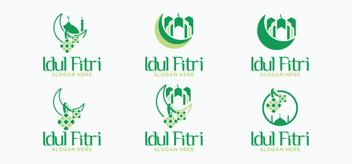 Collection of logos for Eid al-Fitr, Islamic holidays with a ketupat concept, Vector.