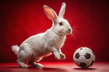 Obraz premium Playful White Rabbit Soccer Star: Vintage Red Background Stock Photo