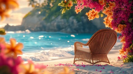 Obraz premium A beautifully crafted wicker chair encircled by vibrant pink and orange tropical flowers, with soft sand underfoot and turquoise waves gently rolling in,