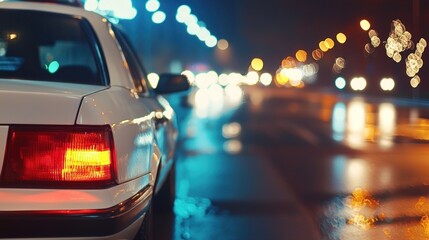 Night Cityscape: A Police Cruiser's Tail Light Glows Amidst Blurred City Lights