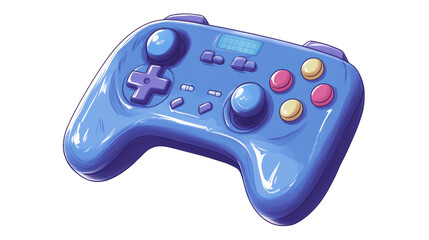 The image shows a stylized illustration of a blue video game controller with various buttons and a joystick.