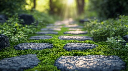 A cobblestone path with moss and tiny plants growing between the stones