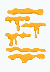 Set of orange honey drops and yellow splashes healthy syrup golden food liquid drip vector illustration.
