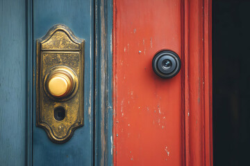 Fototapeta premium Happy delivery man holding a package at a doorway.