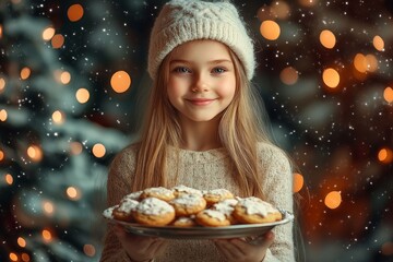 Naklejka premium A slim, radiant girl happily holding a tray of freshly baked holiday cookies, her eyes shining with pride and her gestures warm and inviting