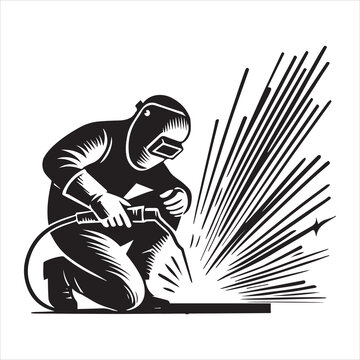 welder kneeling, welding metal, black and white clip art preview