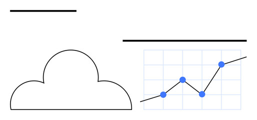 Cloud outline paired with an upward-trending graph and blue data points representing analytics. Ideal for technology, growth, data trends, cloud computing, statistics, business growth, abstract line