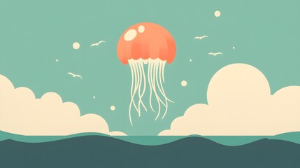 A colorful illustration of a jellyfish in blue water surrounded by mushrooms, fungi, and autumn leaves, showcasing nature with a vibrant mix of red, green, and white elements