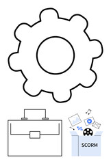 Large gear for processes, briefcase for work tasks, SCORM file icons for e-learning content. Ideal for productivity, education, work tools, technology systems, learning platforms, management