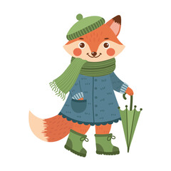 Fox, foxy, vixen in coat, scarf, hat, wellies with an umbrella. Cute spring forest woods woodland character. Vector illustration isolated on transparent background.