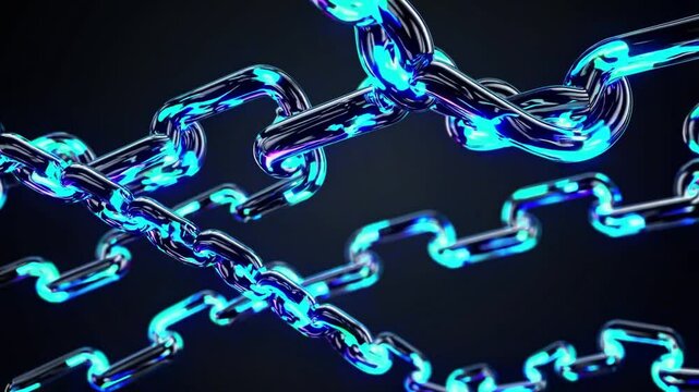 Abstract 3D representation of futuristic glowing metal chains interlinked against a dark background, showcasing intricate design and modern technology themes for creative projects.