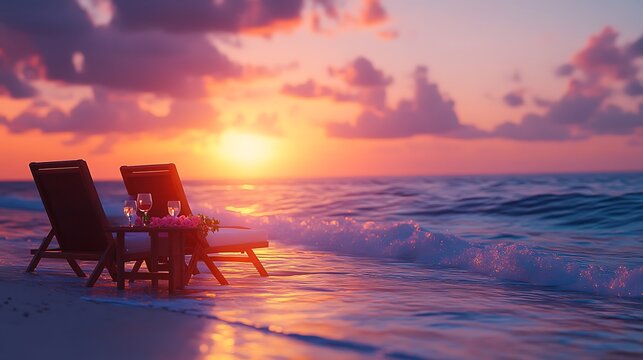 A cozy double lounge chair setup on a deserted beach, featuring a table with wine glasses and a rose bouquet, the soft ocean waves glowing in the light of a vibrant sunset,