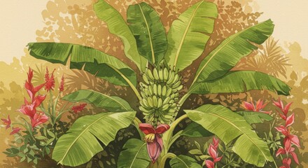 Obraz premium Vibrant tropical banana plant in lush garden with exotic flowers