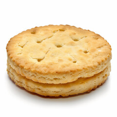 Round golden biscuit stack with a light golden brown hue, showcasing a crispy texture and delicate perforations for a beautiful dessert display