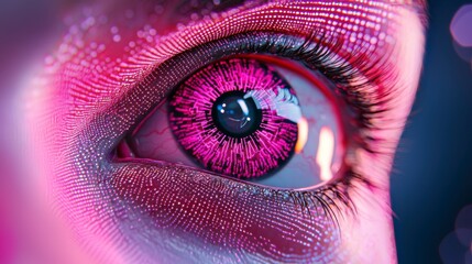 Futuristic close-up of an eye with glowing pink digital patterns and intricate textures reflecting advanced technology