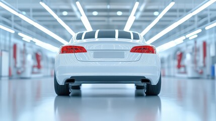 Obraz premium Sleek white car parked in modern garage, secure, clean and ready to drive 