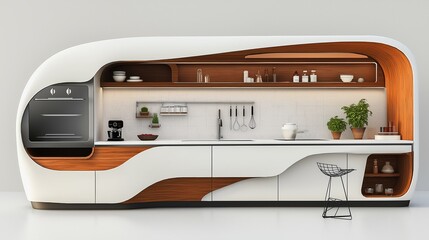 A minimalist stylish kitchen with a sleek and curved appearance.