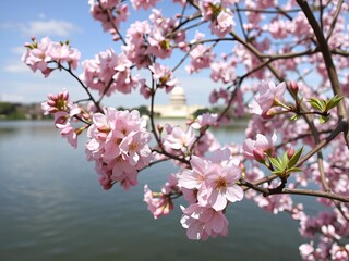 Obraz premium Cherry blossoms blooming around the Tidal Basin in Washington DC during spring, vibrant, landscape, beauty