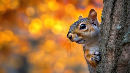 Close up, a grey squirrel with a bushy tail peeking from behind a tree branch, with a forest background.