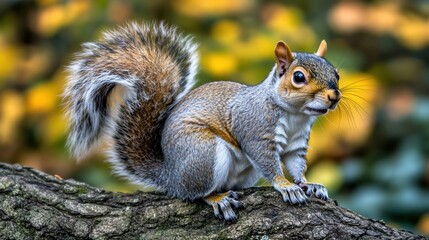 Close up, a grey squirrel with a bushy tail peeking from behind a tree branch, with a forest background.
