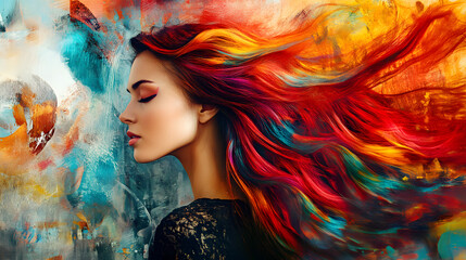 A side profile of a woman with colorful hair and artistic backdrop, exuding beauty and creativity.