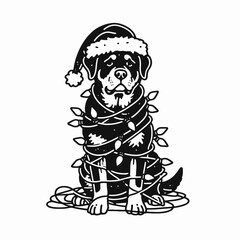 Obraz premium A festive dog wearing a Santa hat, wrapped in Christmas lights, exuding a playful holiday spirit.