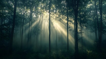Obraz premium Sunlight beams through misty forest trees on a serene morning path