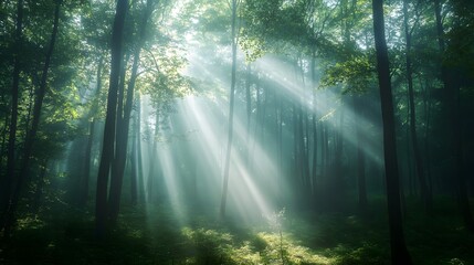 Obraz premium Sunlight beams through misty forest trees on a serene morning path